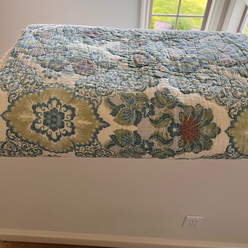 Pottery Barn Lucianna Blue and Green Floral King Quilt and Euro Shams.